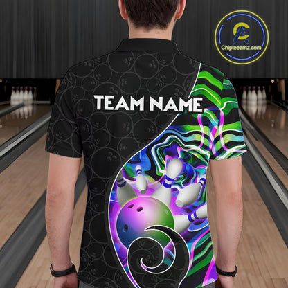 Men’s green neon wave bowling polo shirt, back view on male model in bowling lane 