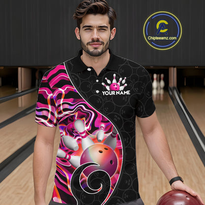 Men’s pink neon wave bowling polo shirt, front view on male model in bowling lane 