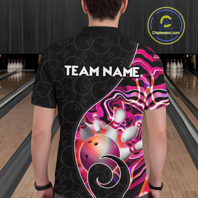 Men’s pink neon wave bowling polo shirt, back view on male model in bowling lane 