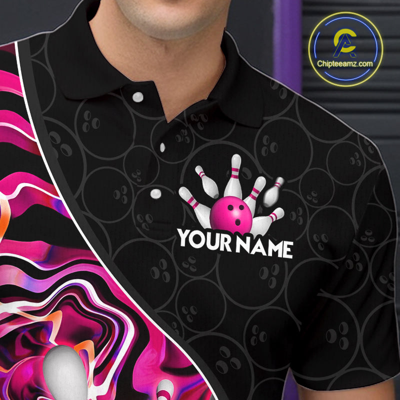 Men’s pink neon wave bowling polo shirt, angled front view showing custom team design 