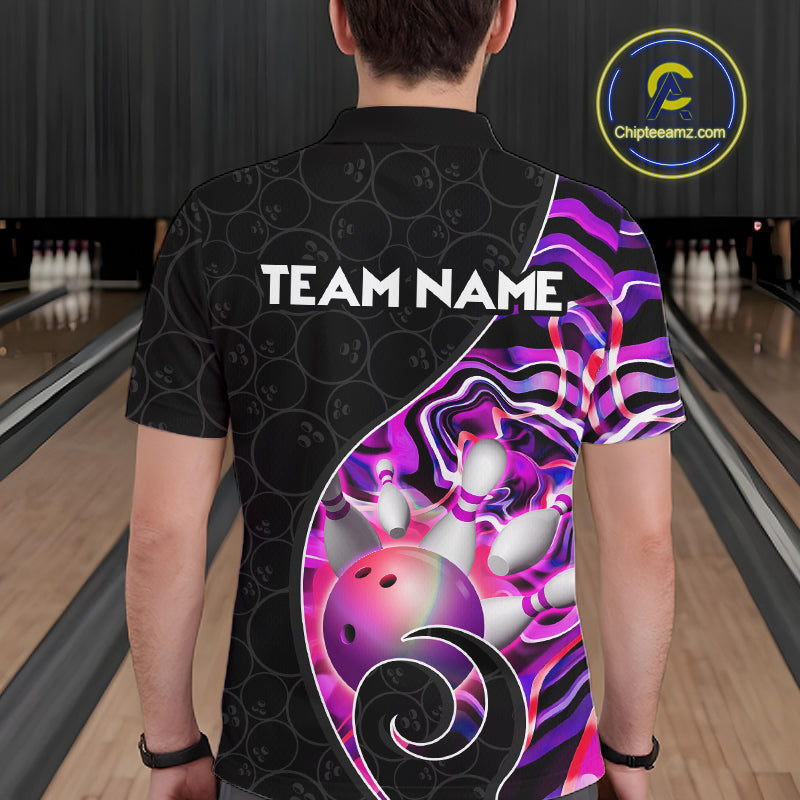 Men’s purple neon wave bowling polo shirt, back view on male model in bowling lane 