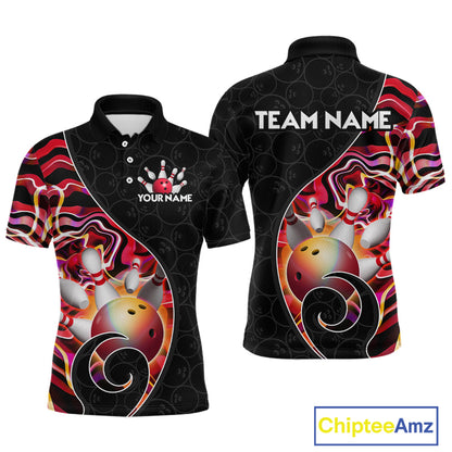 Men’s red neon wave strike bowling shirt with custom name, front view polo design on white background