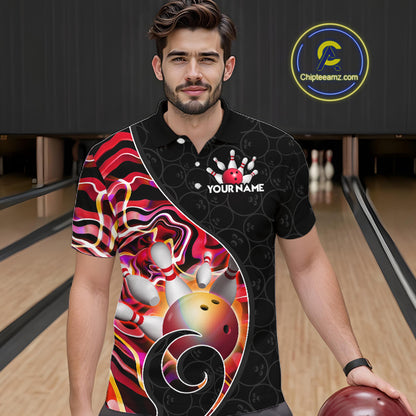 Men’s red neon wave bowling polo shirt, front view on male model in bowling lane 