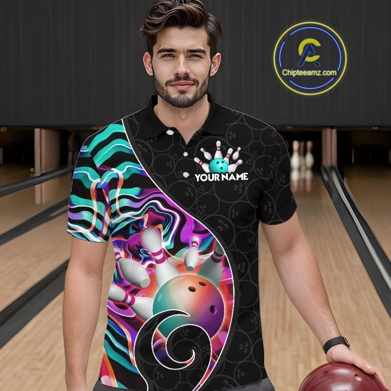 Men’s turquoise neon wave bowling polo shirt, front view on male model in bowling lane