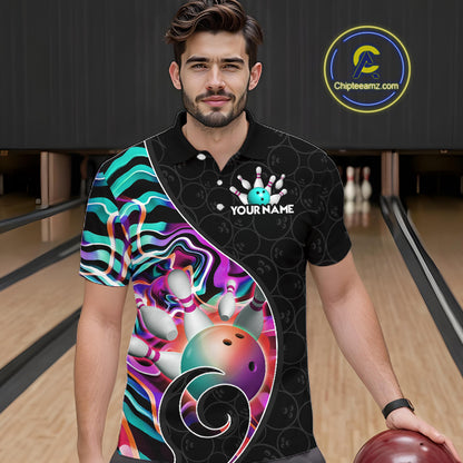 Men’s turquoise neon wave bowling polo shirt, front view on male model in bowling lane