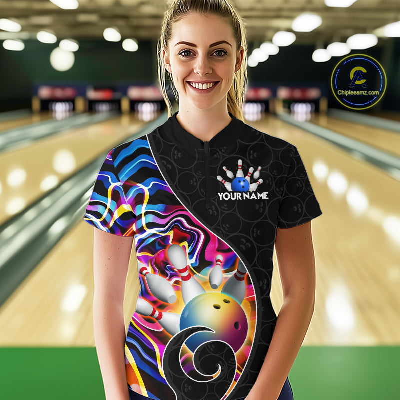 Women’s blue neon wave bowling quarter zip shirt, front view on male model in bowling lane 