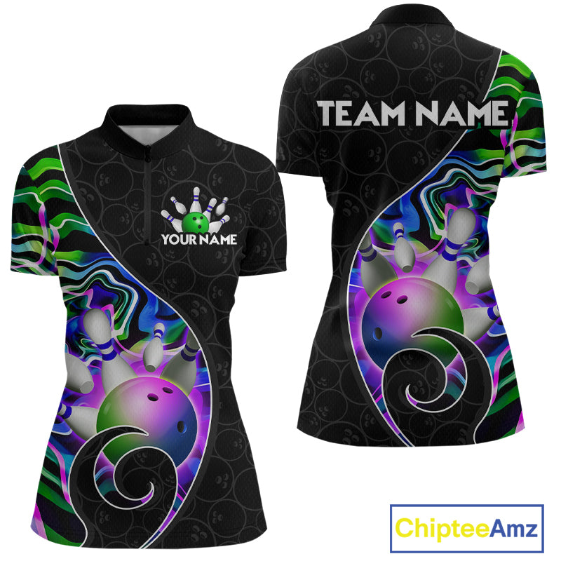 Women’s green neon wave strike bowling shirt with custom name, front view quarter zip design on white background