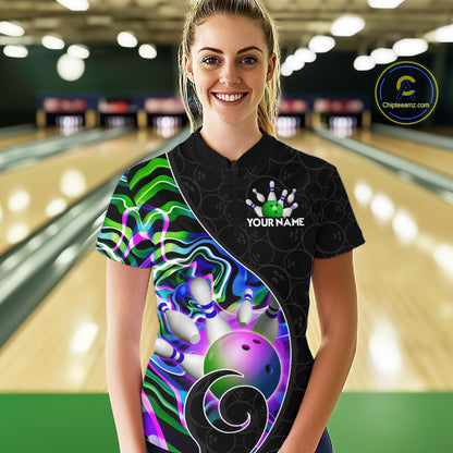 Women’s green neon wave bowling quarter zip shirt, front view on male model in bowling lane