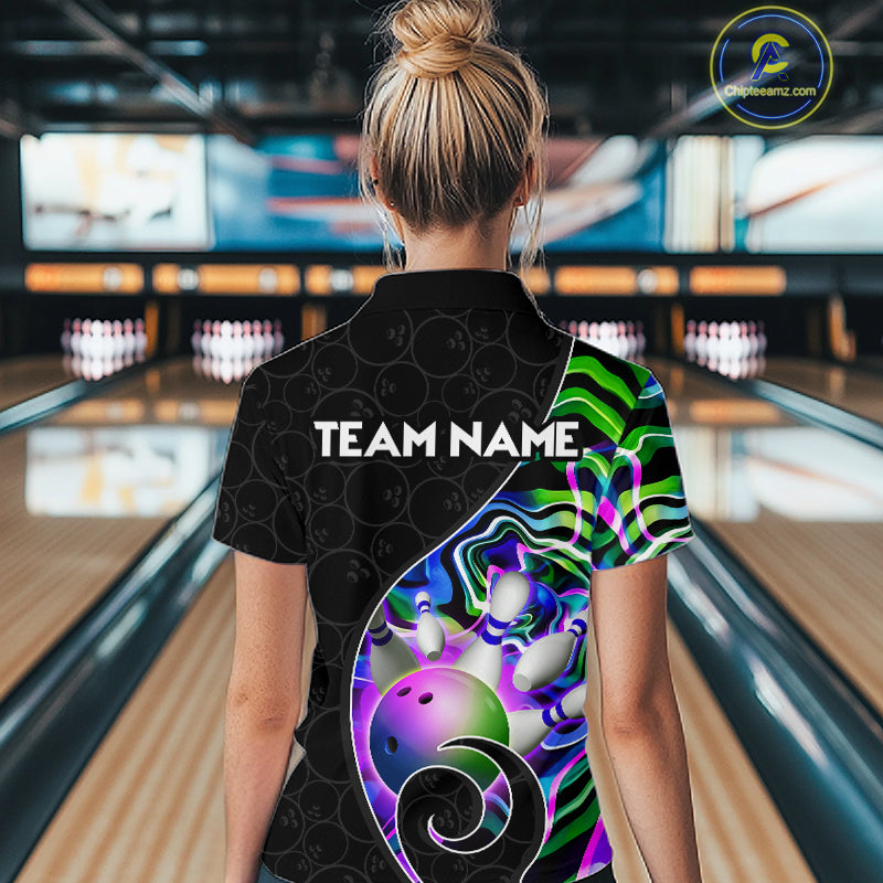 Women’s green neon wave bowling polo shirt, angled front view showing custom team design