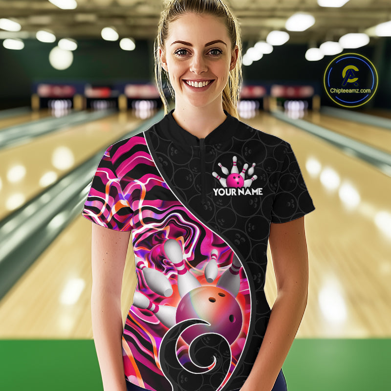 Women’s pink neon wave bowling quarter zip shirt, front view on female model in bowling lane 