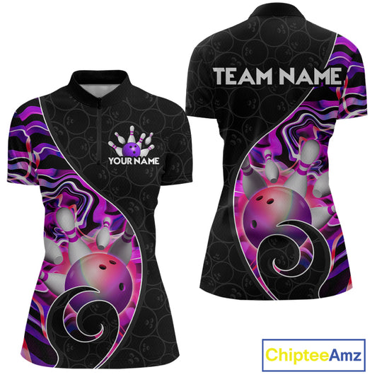 Women’s purple neon wave strike bowling shirt with custom name, front view quarter zip design on white background