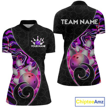 Load image into Gallery viewer, Women’s purple neon wave strike bowling shirt with custom name, front view quarter zip design on white background