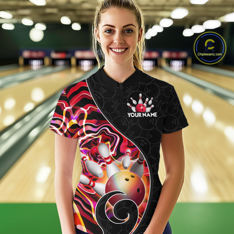 Women’s red neon wave bowling quarter zip shirt, front view on female model in bowling lane