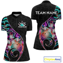 Load image into Gallery viewer, Women’s turquoise neon wave strike bowling shirt with custom name, front view quarter zip design on white background
