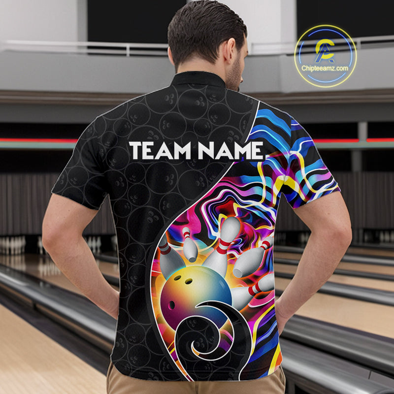 Men’s blue neon wave bowling quarter zip shirt, front back on male model in bowling lane
