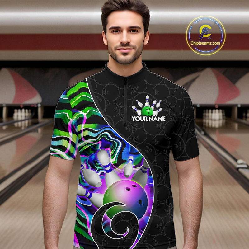 Men’s green neon wave bowling quarter zip shirt, front view on male model in bowling lane 