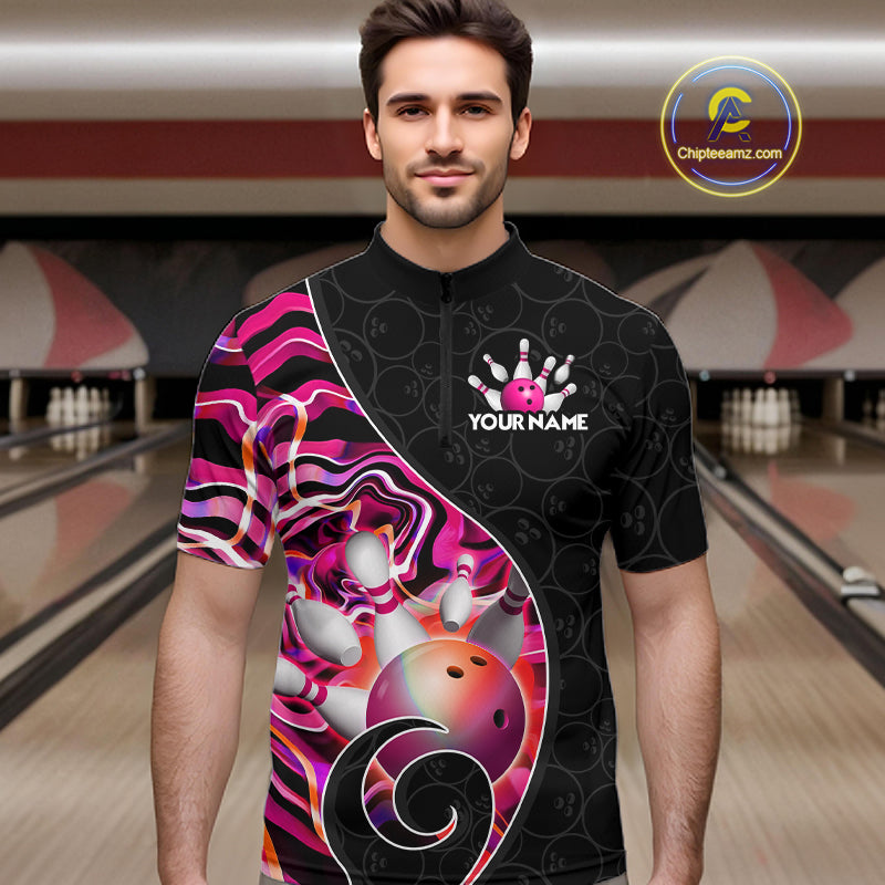 Men’s pink neon wave bowling quarter zip shirt, front view on male model in bowling lane 