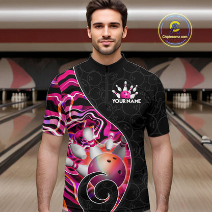 Men’s pink neon wave bowling quarter zip shirt, front view on male model in bowling lane 