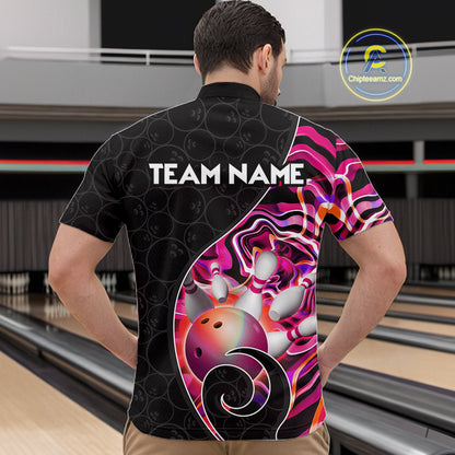 Men’s pink neon wave bowling quarter zip shirt, front back on male model in bowling lane 