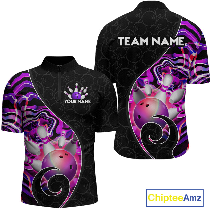 Men’s purple neon wave strike bowling shirt with custom name, front view quarter zip design on white background