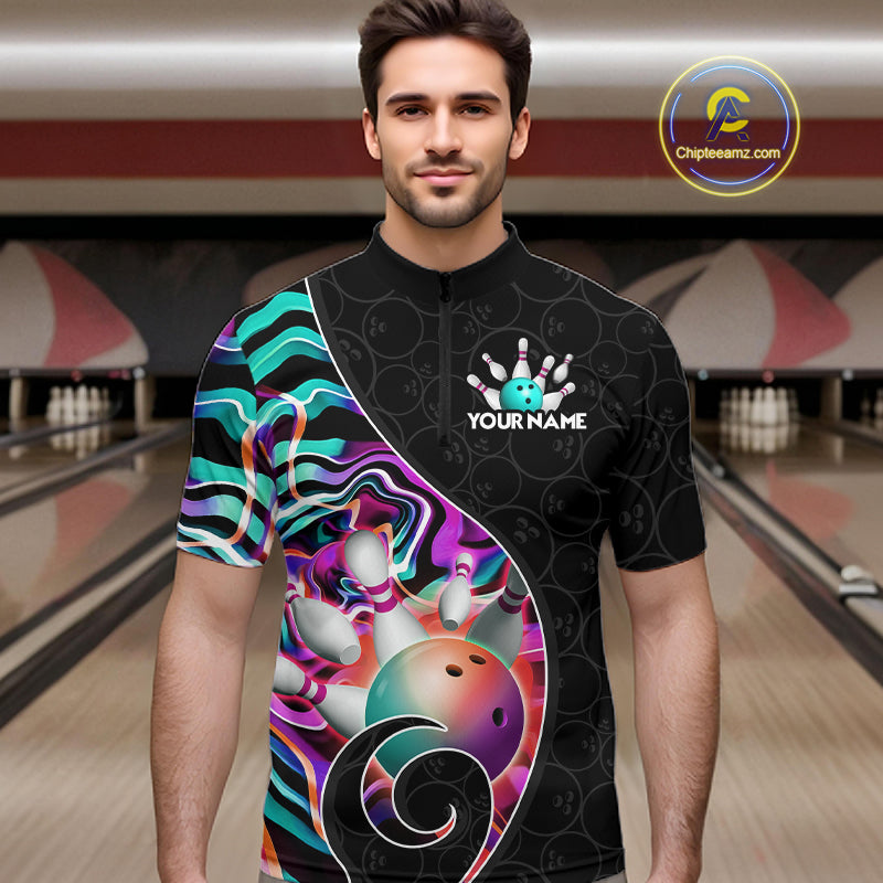 Men’s turquoise neon wave bowling quarter zip shirt, front view on male model in bowling lane 