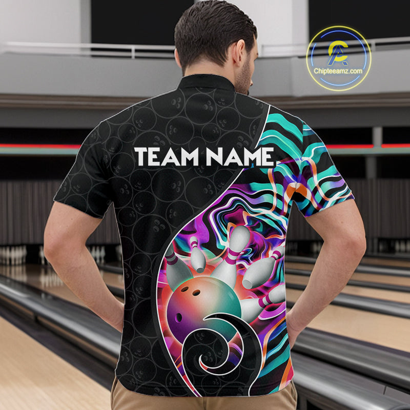 Men’s turquoise neon wave bowling quarter zip shirt, front back on male model in bowling lane 