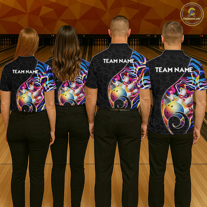 Group of male bowlers in blue neon wave team shirts, personalized bowling uniforms back view.