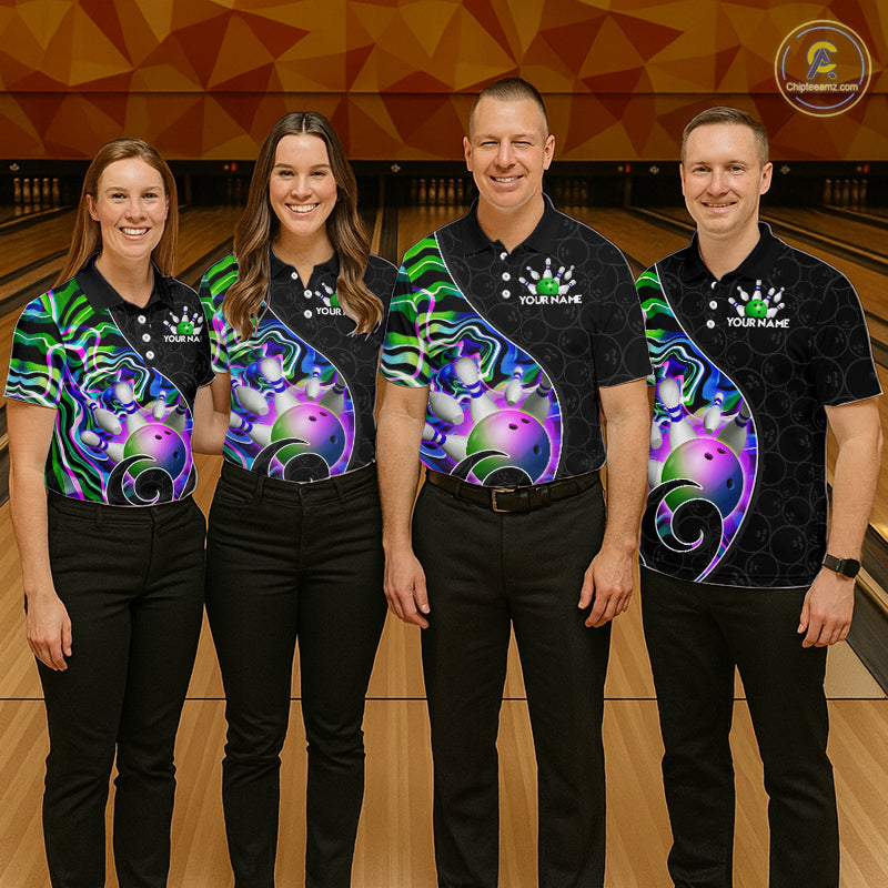 Group of male bowlers in green neon wave team shirts, personalized bowling uniforms front view.