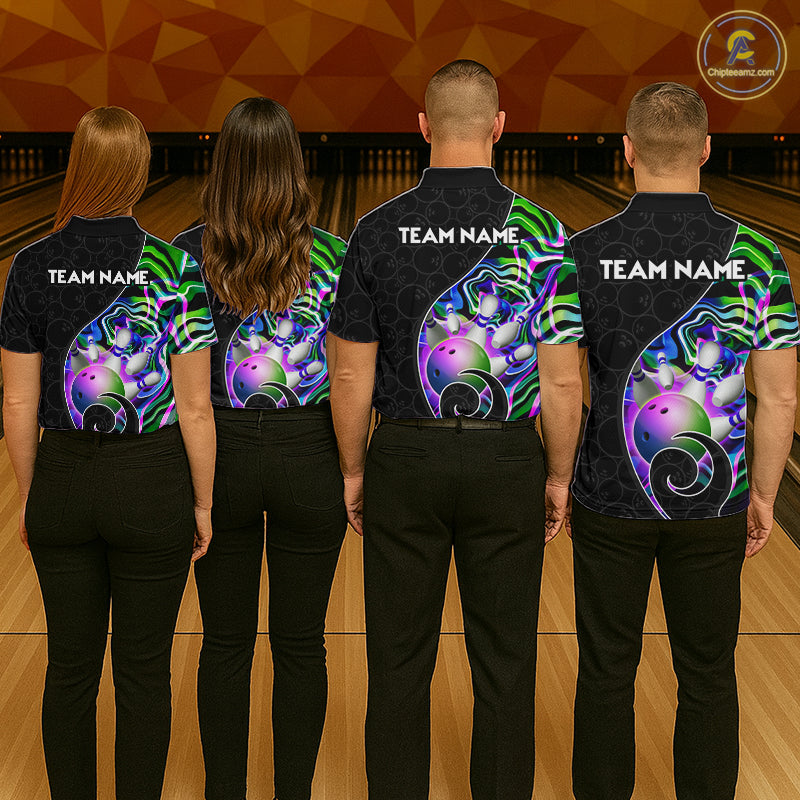 Group of bowlers in green neon wave team shirts, personalized bowling uniforms back view