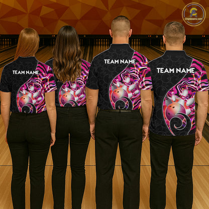 Group of male bowlers in pink neon wave team shirts, personalized bowling uniforms back view.