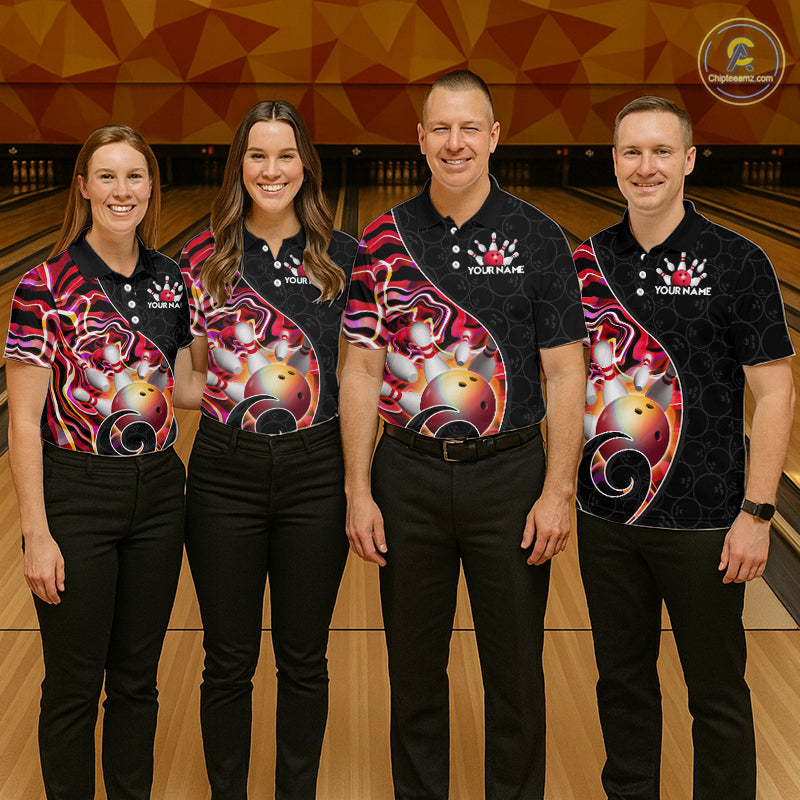 Group of male bowlers in red neon wave team shirts, personalized bowling uniforms front view