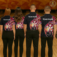 Load image into Gallery viewer, Group of bowlers in red neon wave team shirts, personalized bowling uniforms back view