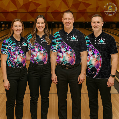 Group of male bowlers in turquoise neon wave team shirts, personalized bowling uniforms front view.