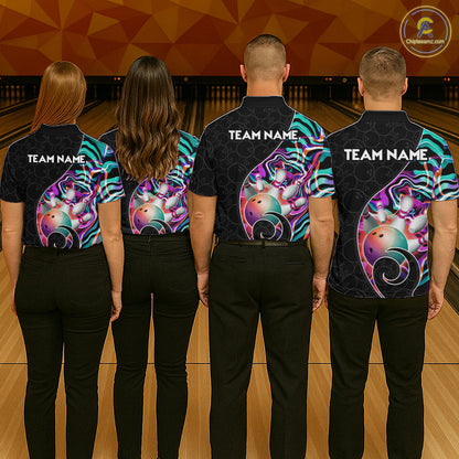 Group of bowlers in turquoise neon wave team shirts, personalized bowling uniforms back view