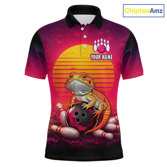 Custom retro sunset bearded dragon bowling jersey for men, personalized team bowling polo shirt front view