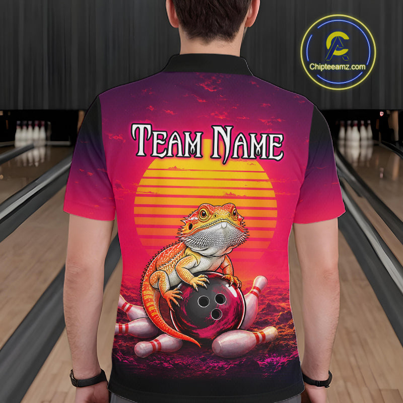 Men’s retro sunset bearded dragon bowling polo shirt, back view on male model in bowling lane 