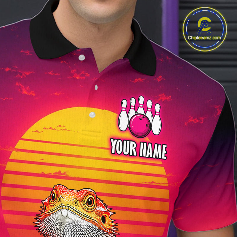 Men’s retro sunset bearded dragon bowling polo shirt with custom name, angled front view showing custom team design 