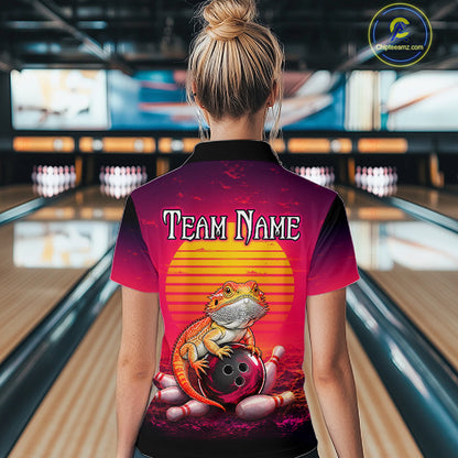 Women’s retro sunset bearded dragon bowling polo shirt, back view on female model in bowling lane 