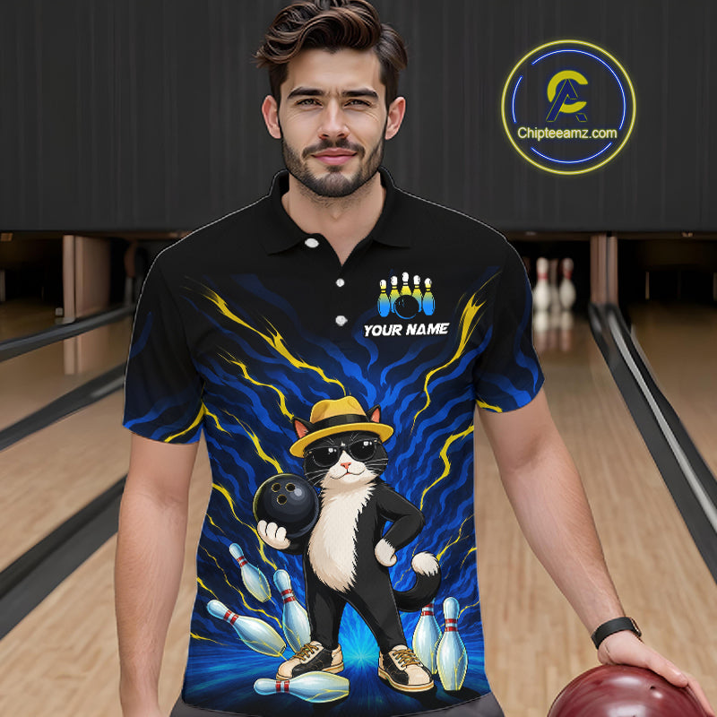 A man wearing a black short-sleeve polo shirt with a colorful bowling-themed graphic print featuring a cat, bowling pins, and blue lightning effects. The shirt has a customizable name print on the chest.