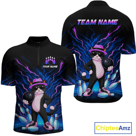 Front and back views of a black short-sleeve quarter-zip shirt with a colorful bowling-themed cat graphic. The design features a black cat in a pink hat and sunglasses holding bowling balls and pins against a blue and purple lightning background.