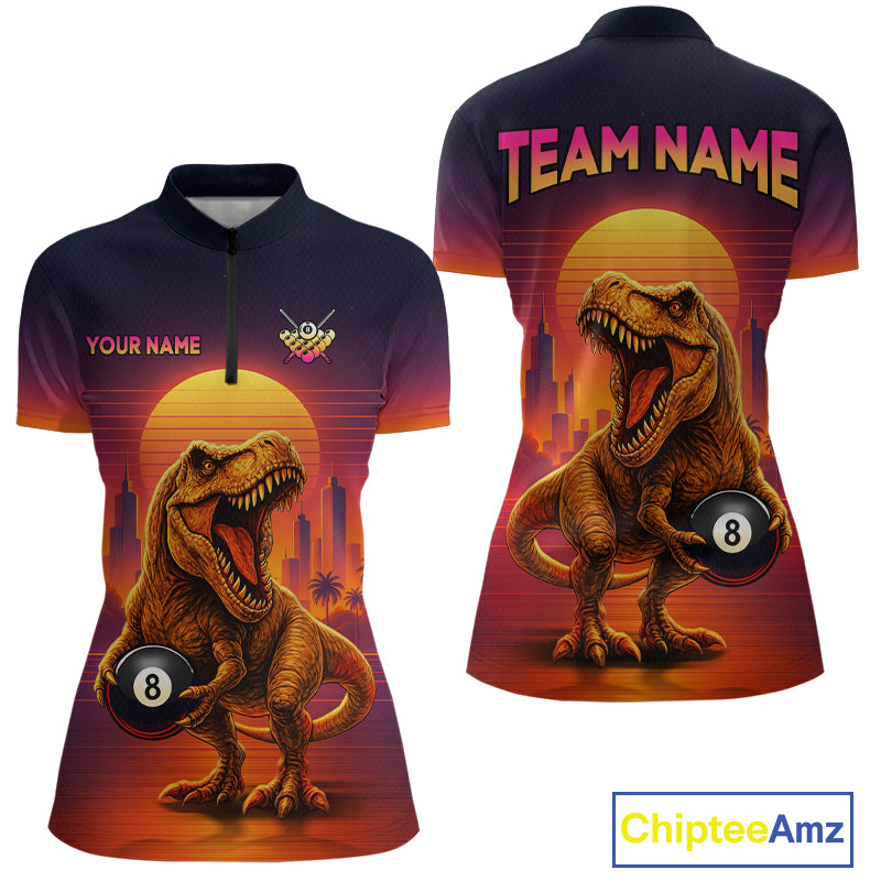 Front and back views of a short-sleeve polo shirt with an all-over graphic print featuring a roaring Tyrannosaurus rex, billiard balls, and a sunset city skyline. The front has placeholder text reading 'YOUR NAME' and a small crest-style logo, while the back shows 'TEAM NAME'.