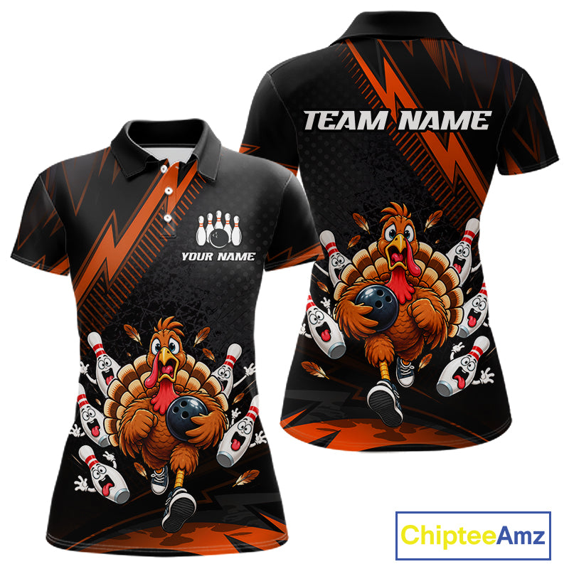 Custom Orange Funny Turkey Bowling Shirts For Women Thanksgiving Bowling Team Jerseys HNT596
