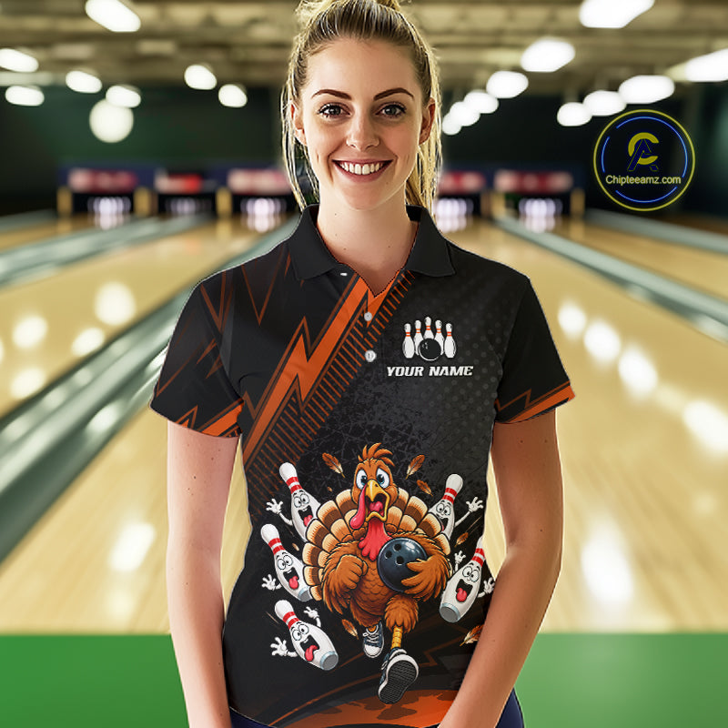Custom Orange Funny Turkey Bowling Shirts For Women Thanksgiving Bowling Team Jerseys HNT596