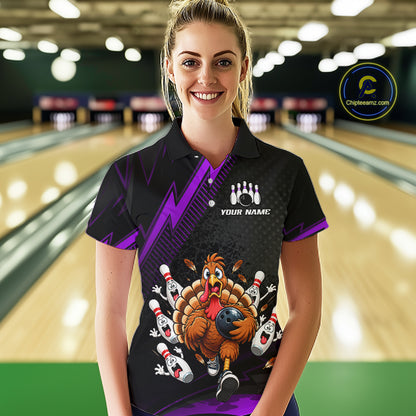 Custom Purple Funny Turkey Bowling Shirts For Women Thanksgiving Bowling Team Jerseys HNT596