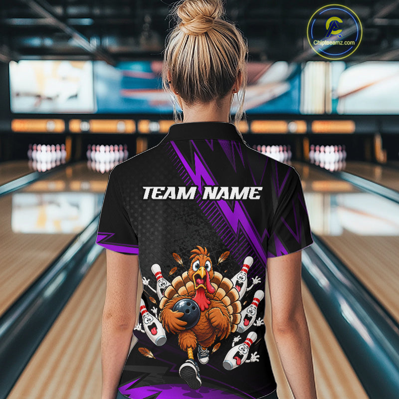 Custom Purple Funny Turkey Bowling Shirts For Women Thanksgiving Bowling Team Jerseys HNT596