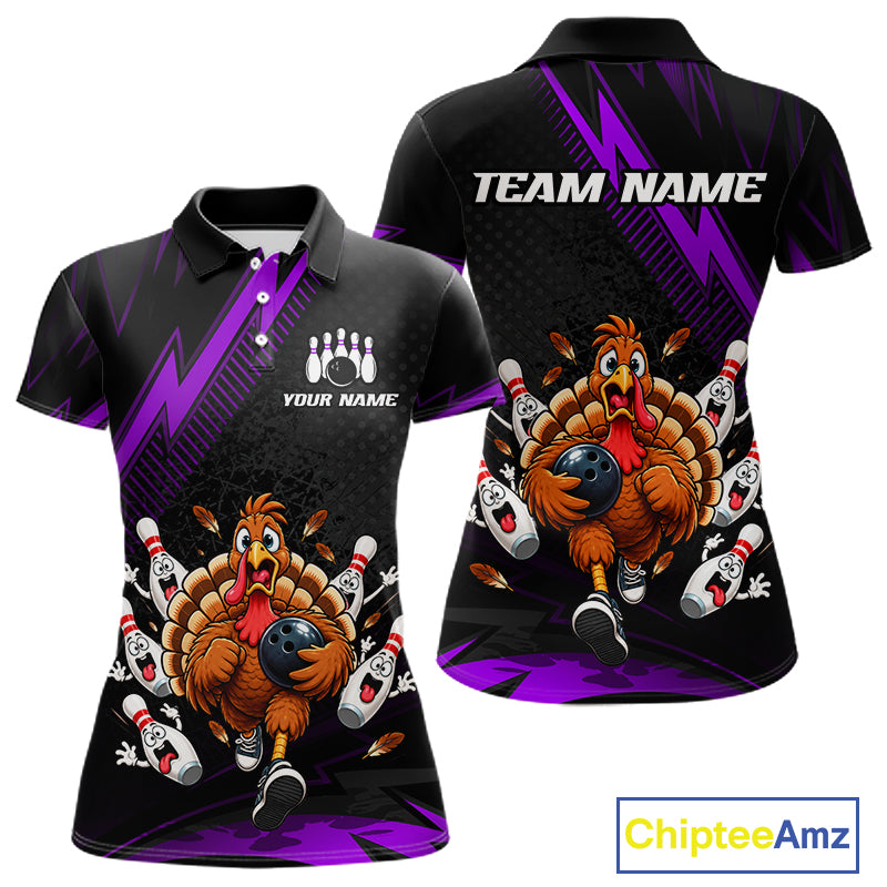 Custom Purple Funny Turkey Bowling Shirts For Women Thanksgiving Bowling Team Jerseys HNT596