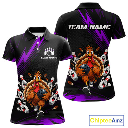 Custom Purple Funny Turkey Bowling Shirts For Women Thanksgiving Bowling Team Jerseys HNT596