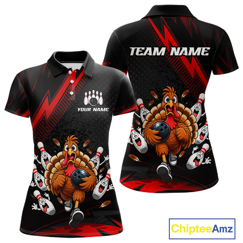 Custom Red Funny Turkey Bowling Shirts For Women Thanksgiving Bowling Team Jerseys HNT596