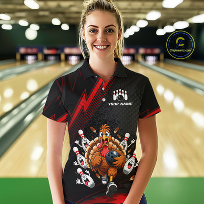 Custom Red Funny Turkey Bowling Shirts For Women Thanksgiving Bowling Team Jerseys HNT596