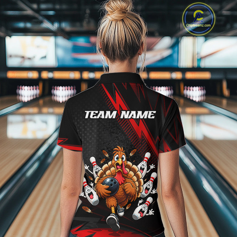 Custom Red Funny Turkey Bowling Shirts For Women Thanksgiving Bowling Team Jerseys HNT596